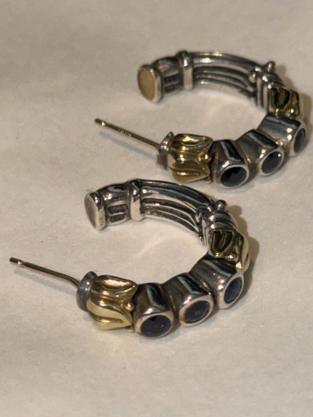 Lagos 18K Gold Silver 925 Blue Topaz Hoop Earrings﻿ - Picture 5 of 7